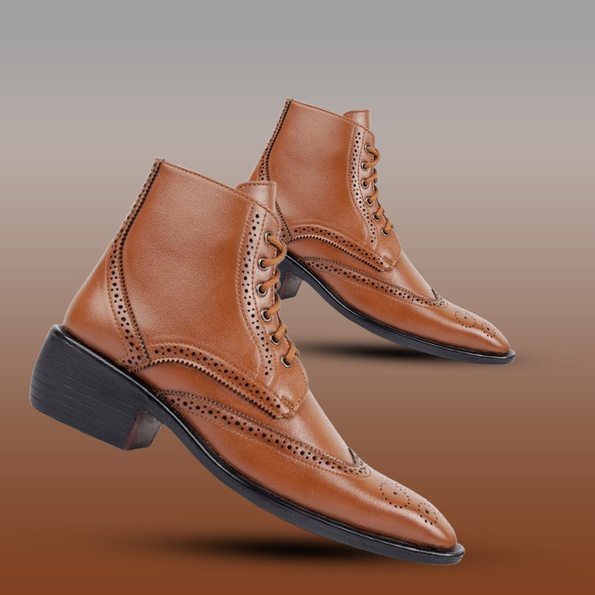Bxxy's Men's Height Increasing Semi-Formal Cow Boy Ankle Zipper Lace-Up Brogue Boots