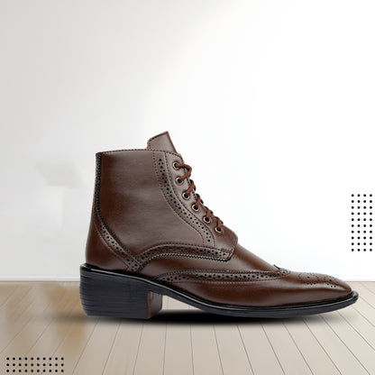 Bxxy's Men's Height Increasing Semi-Formal Cow Boy Ankle Zipper Lace-Up Brogue Boots