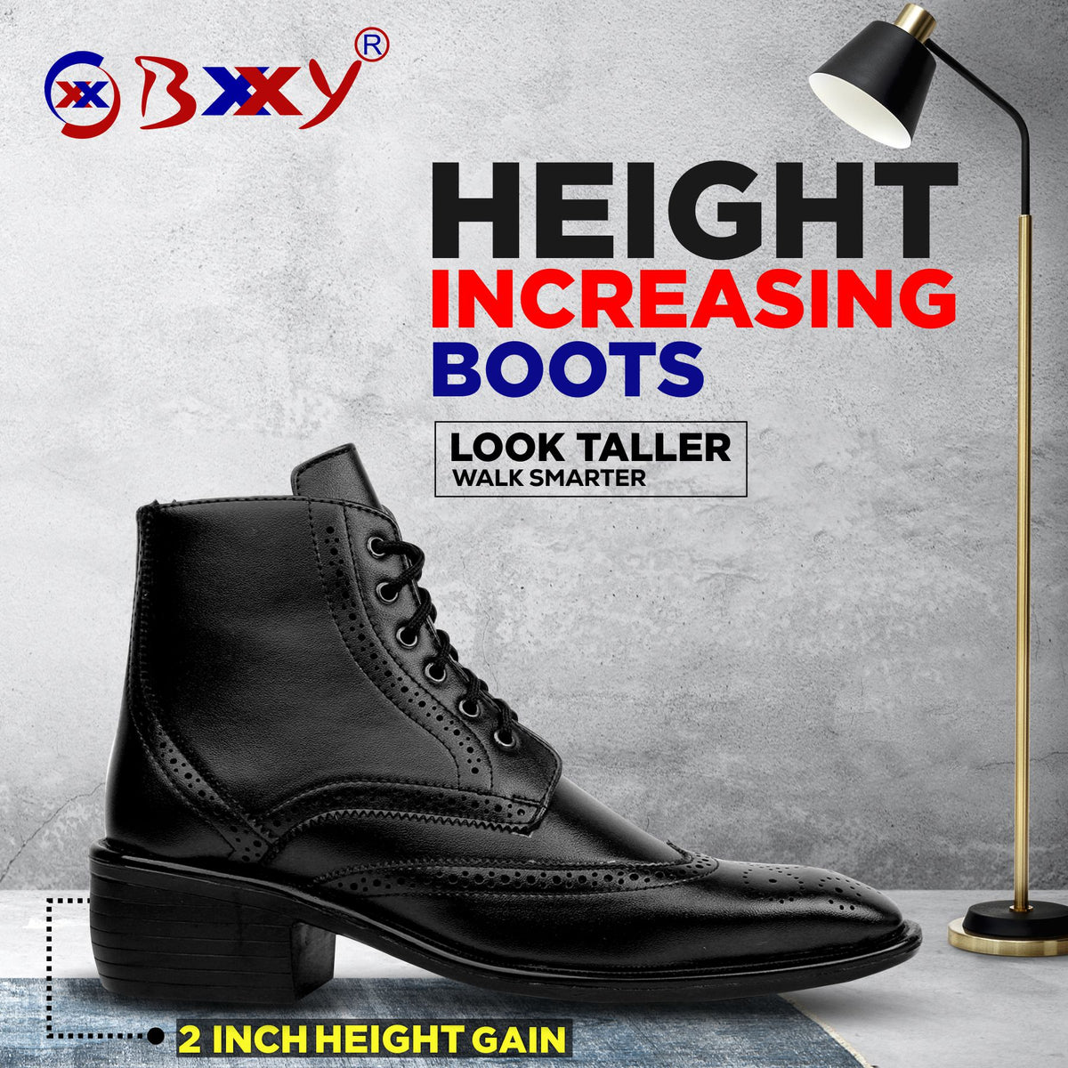 Bxxy's Men's Height Increasing Semi-Formal Cow Boy Ankle Zipper Lace-Up Brogue Boots