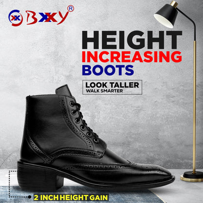 Bxxy's Men's Height Increasing Semi-Formal Cow Boy Ankle Zipper Lace-Up Brogue Boots