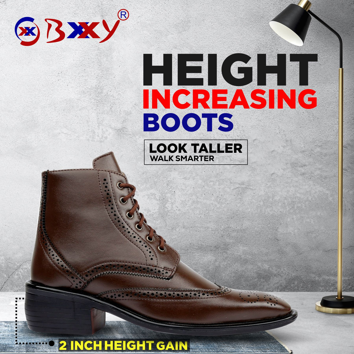 Bxxy's Men's Height Increasing Semi-Formal Cow Boy Ankle Zipper Lace-Up Brogue Boots