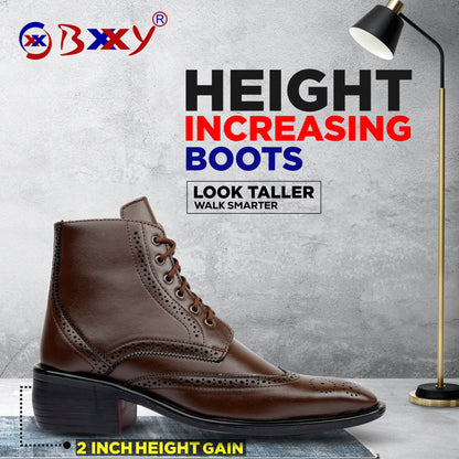 Bxxy's Men's Height Increasing Semi-Formal Cow Boy Ankle Zipper Lace-Up Brogue Boots