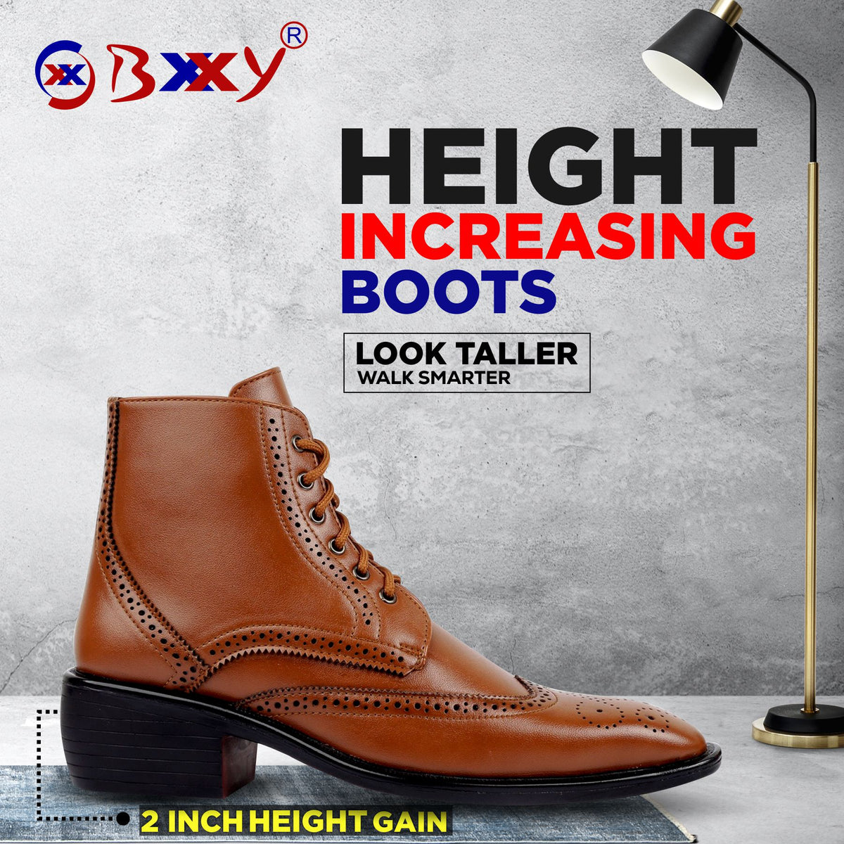 Bxxy's Men's Height Increasing Semi-Formal Cow Boy Ankle Zipper Lace-Up Brogue Boots