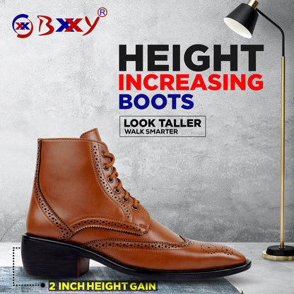 Bxxy's Men's Height Increasing Semi-Formal Cow Boy Ankle Zipper Lace-Up Brogue Boots