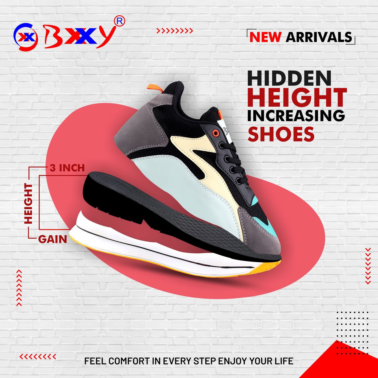 Bxxy Men's Stylish 3 Inch Hidden Height Increasing Casual Sports Lace-Up Shoes.