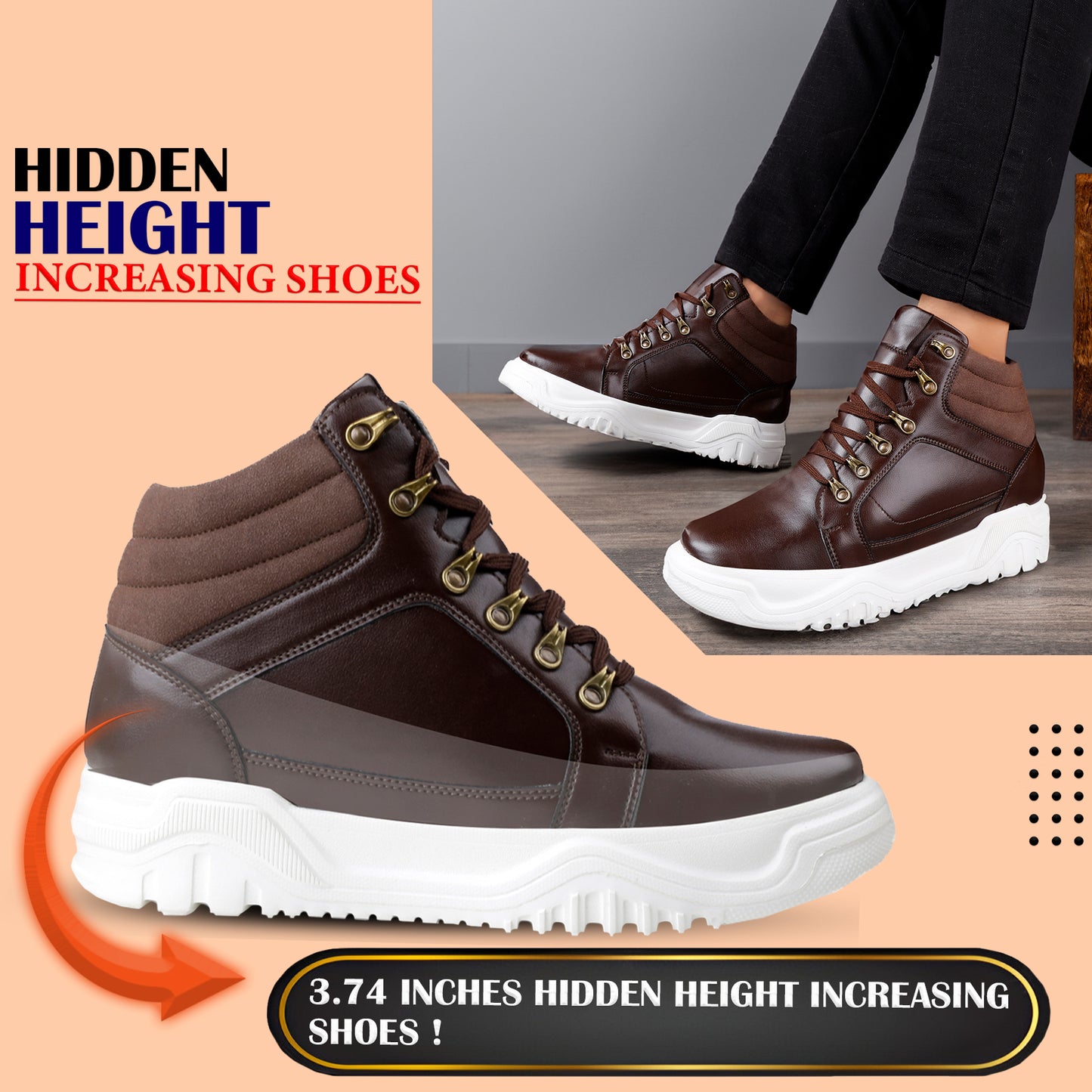 Mens Hidden Height Boost Boots 9.5 CM Increase with Premium Design