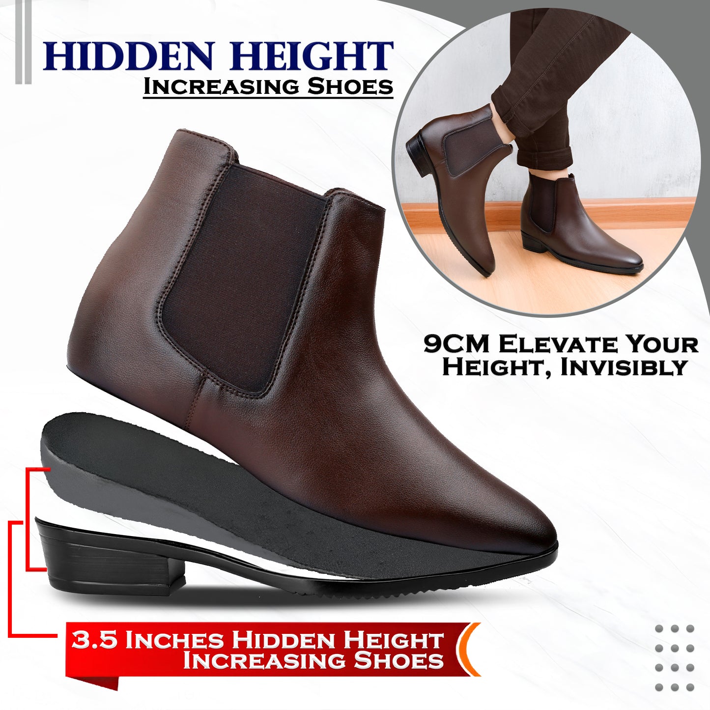 Men's Height Increasing Chelsea Boots – 3.5 Inch (9CM) Lift, Invisible Heel