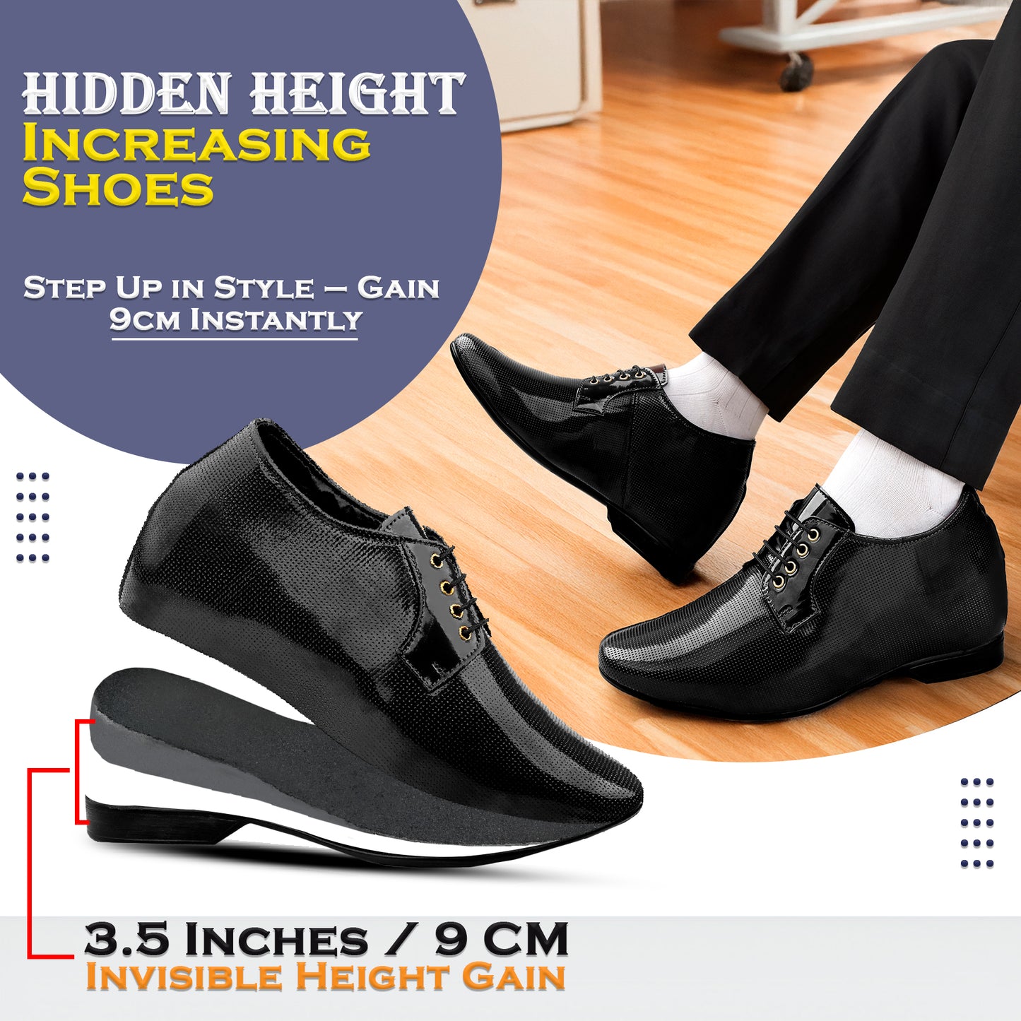 BXXY Men’s Lace-Up Patent Oxford Formal Shoes – Built-In 3.5 Inch (9 cm) Height Increase