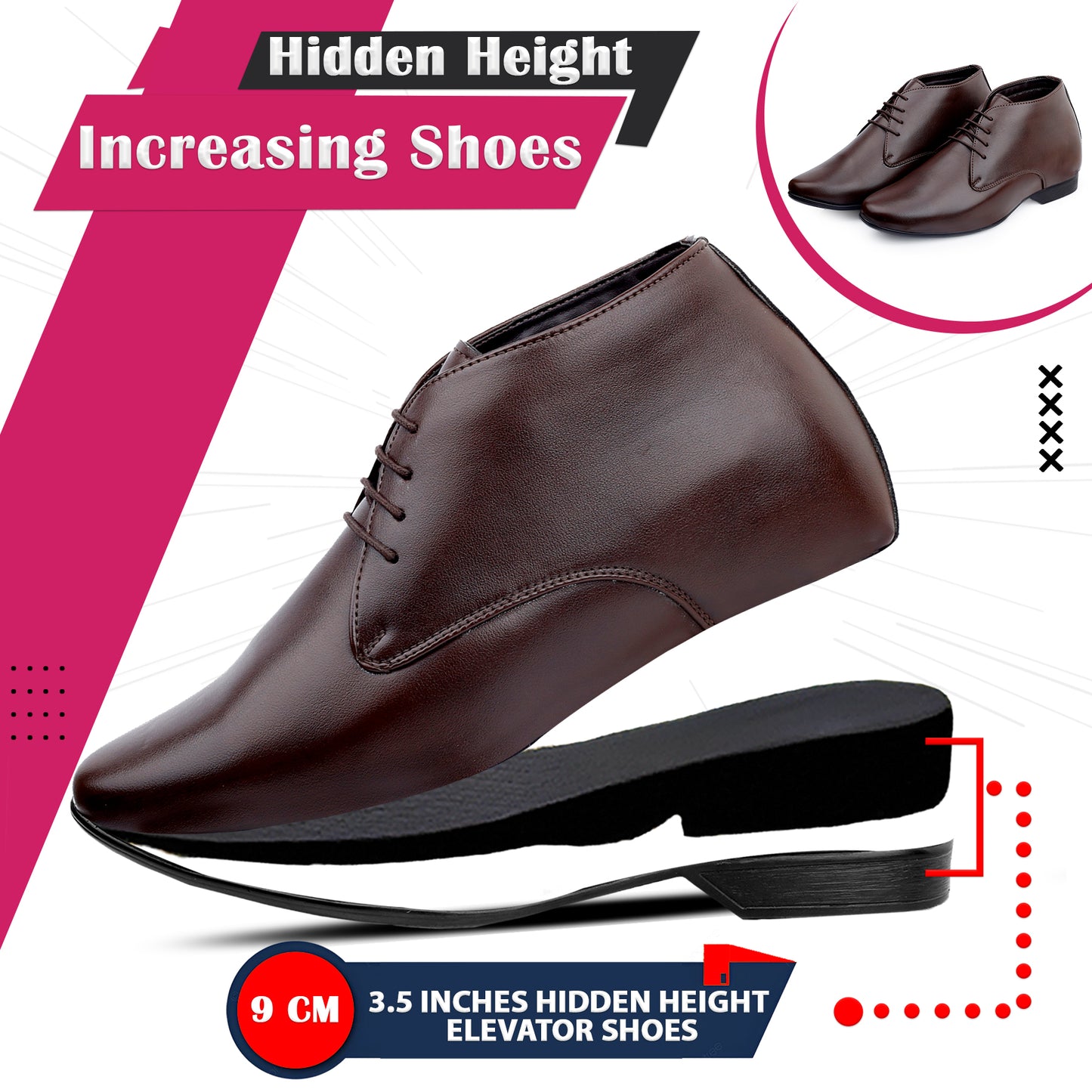 BXXY 9 cm Hidden Height Increasing Formal Derby Boots for Men