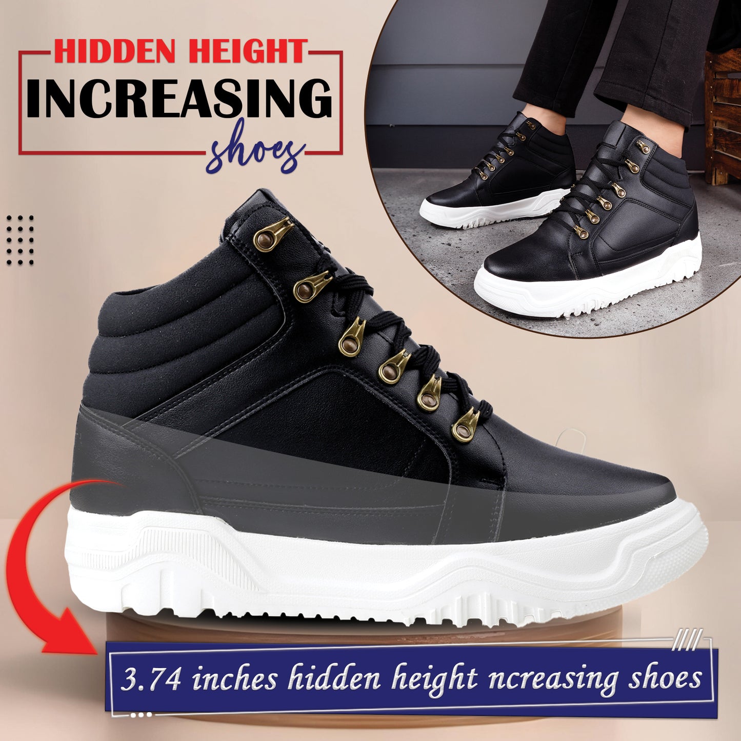 Men Elevator Boots Hidden Height Increasing Shoes 3.74 Inch