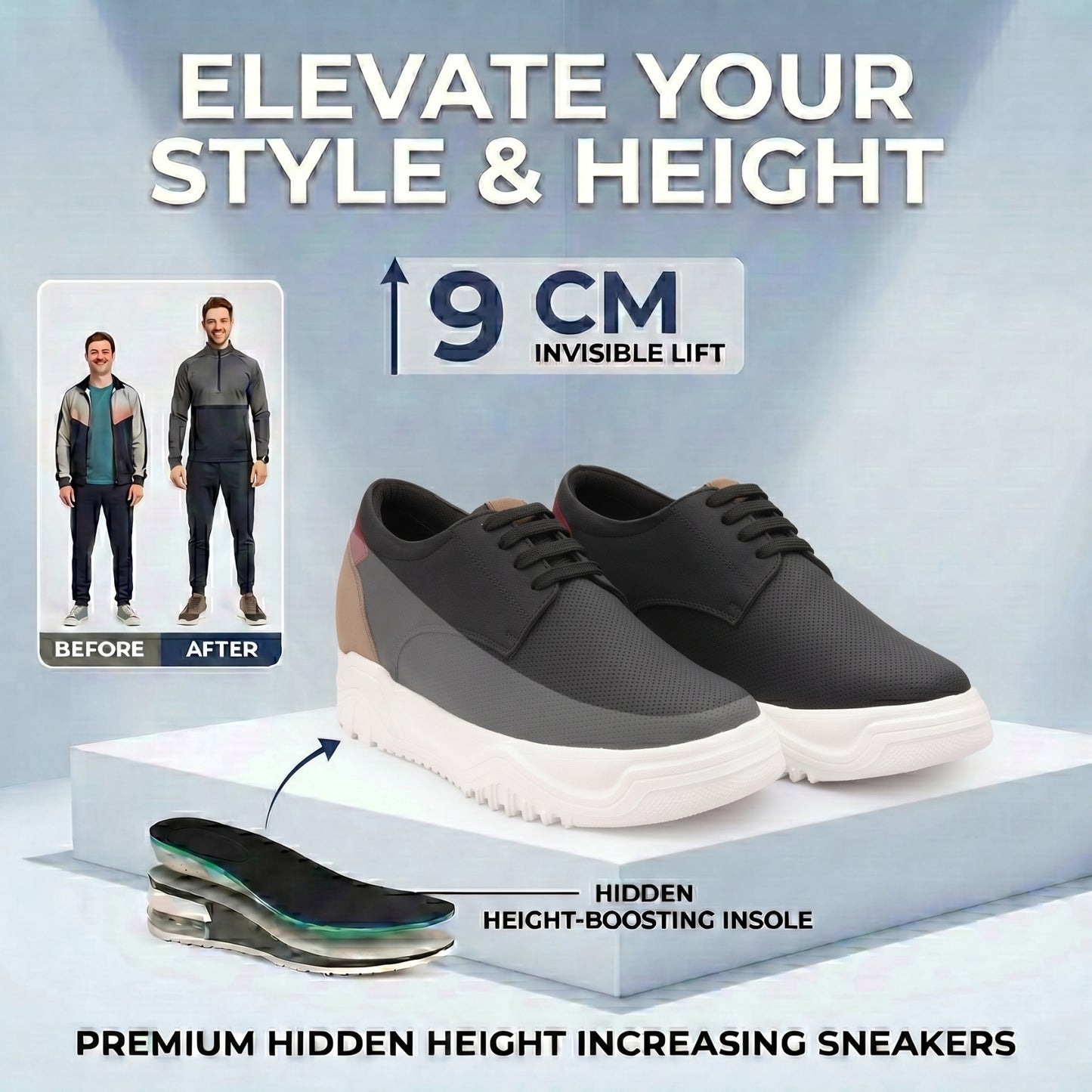 BXXY Premium Height Boost Sneakers for Men Invisible 9 CM Elevator Shoes