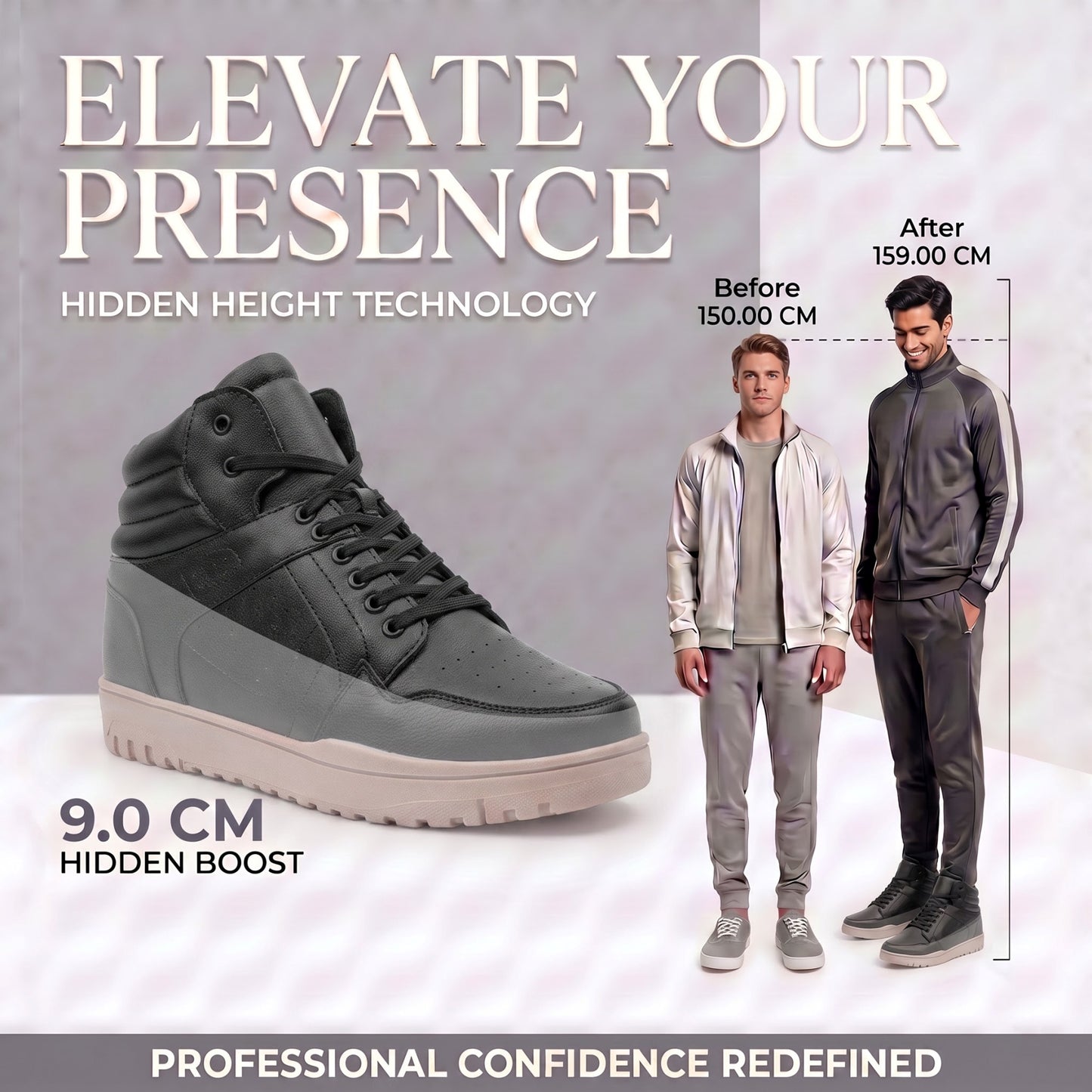 BXXY Mens 9 CM Hidden Height Increasing High Top Sneakers