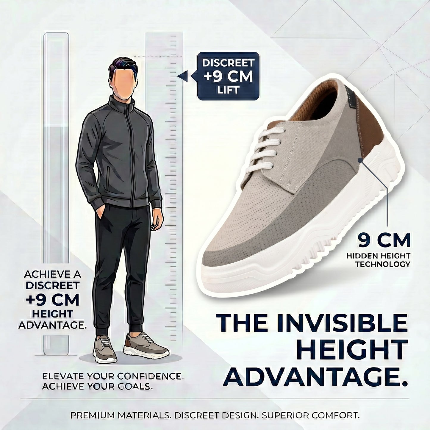 BXXY Premium Height Boost Sneakers for Men Invisible 9 CM Elevator Shoes