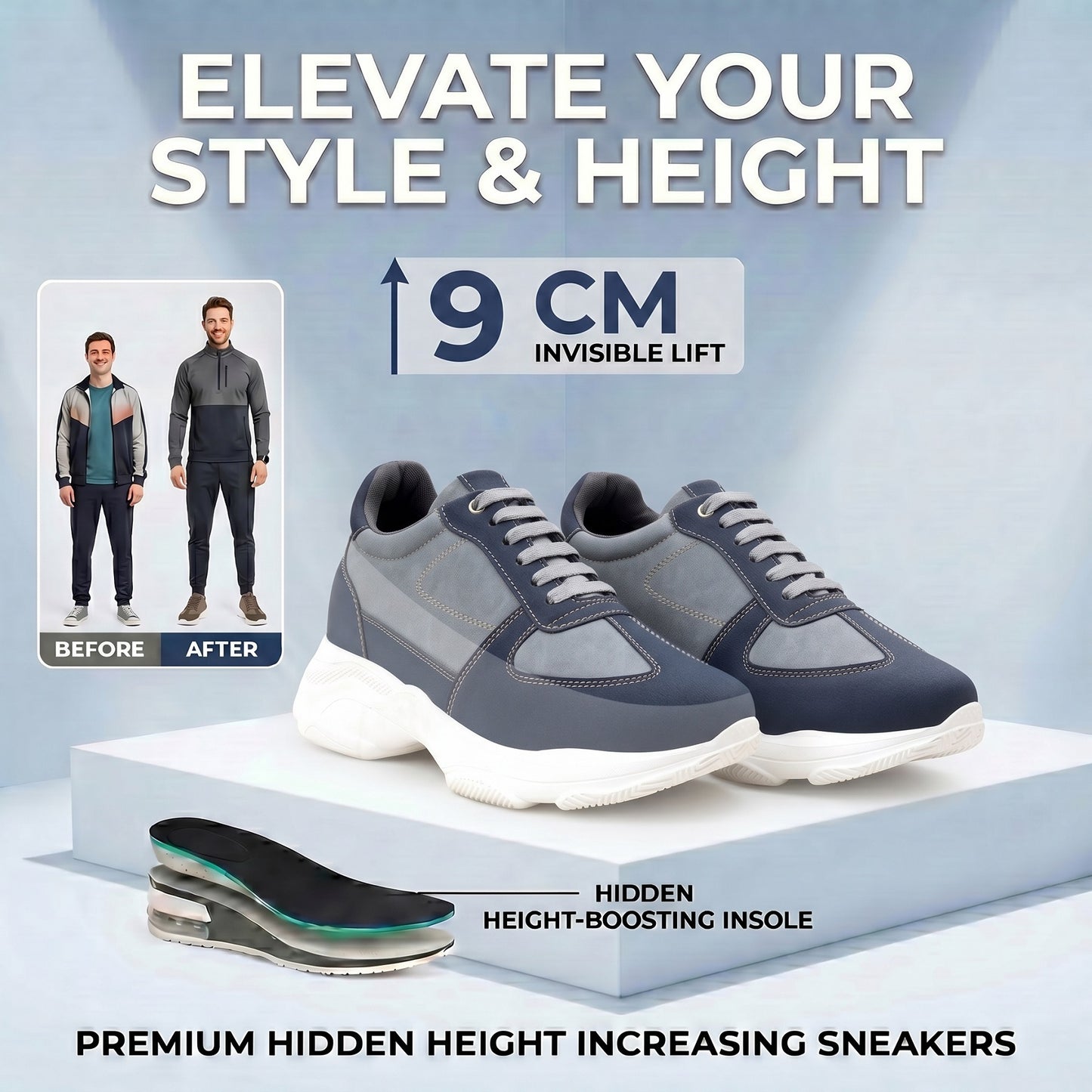 Premium Hidden Height Shoes for Men 9 CM Elevator Casual Sneakers