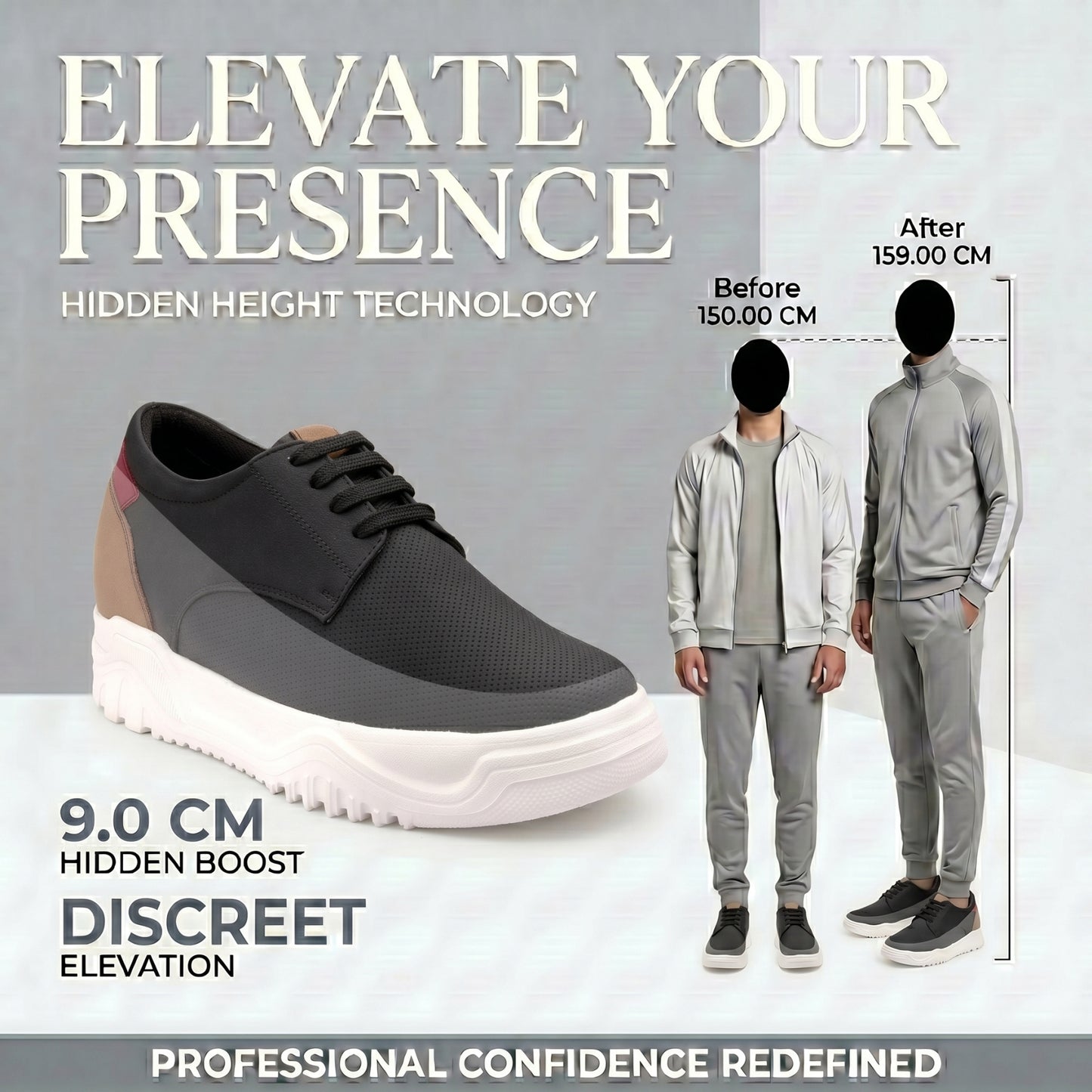BXXY Premium Height Boost Sneakers for Men Invisible 9 CM Elevator Shoes