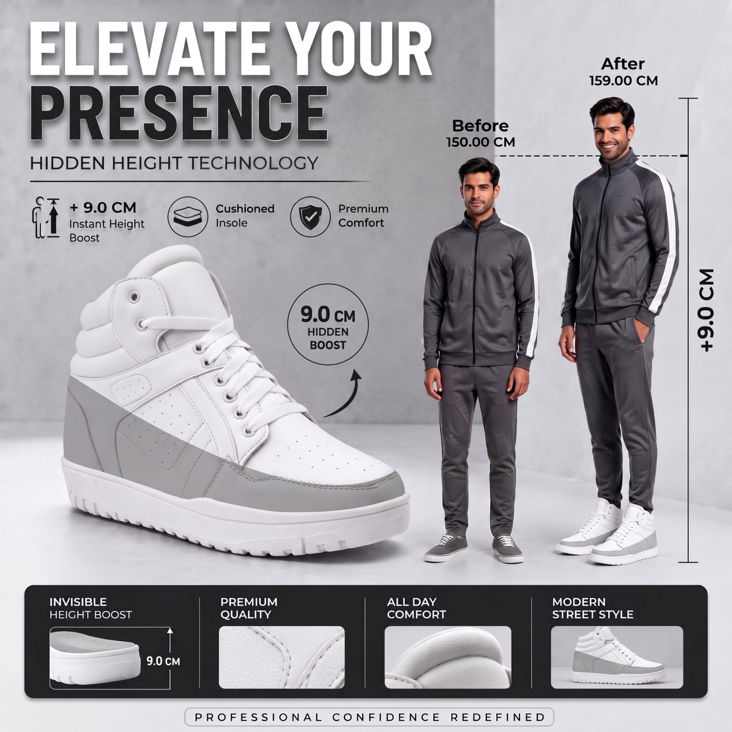 BXXY Mens 9 CM Hidden Height Increasing High Top Sneakers