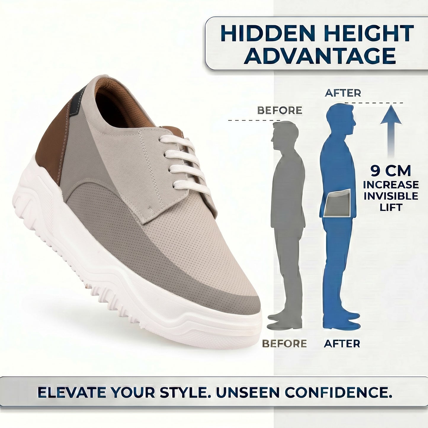 BXXY Premium Height Boost Sneakers for Men Invisible 9 CM Elevator Shoes