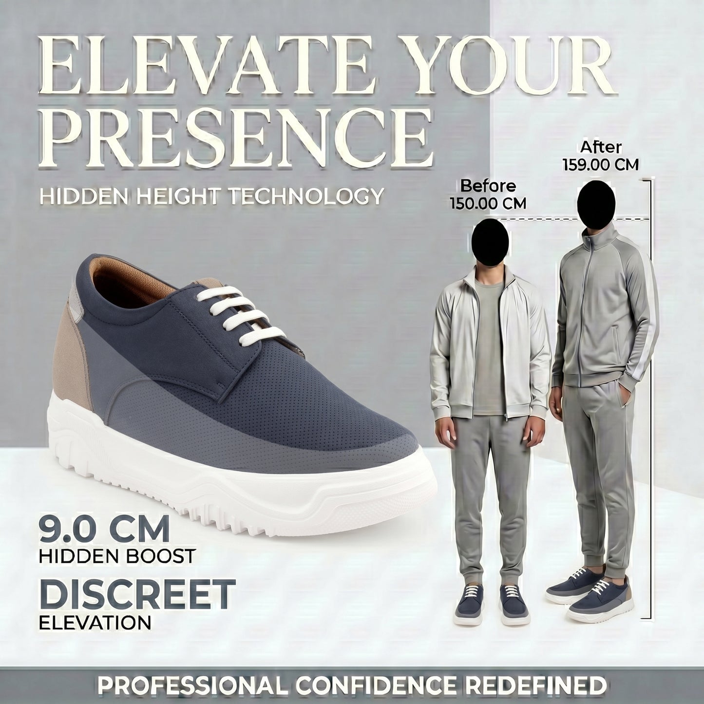 BXXY Premium Height Boost Sneakers for Men Invisible 9 CM Elevator Shoes