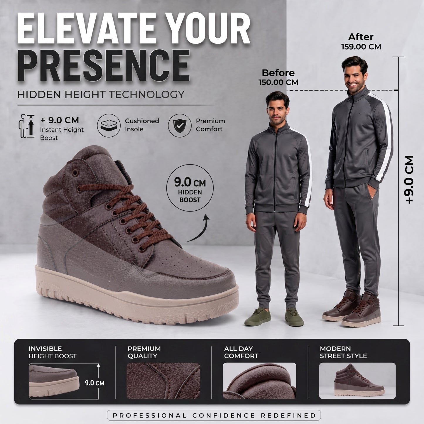 BXXY Mens 9 CM Hidden Height Increasing High Top Sneakers
