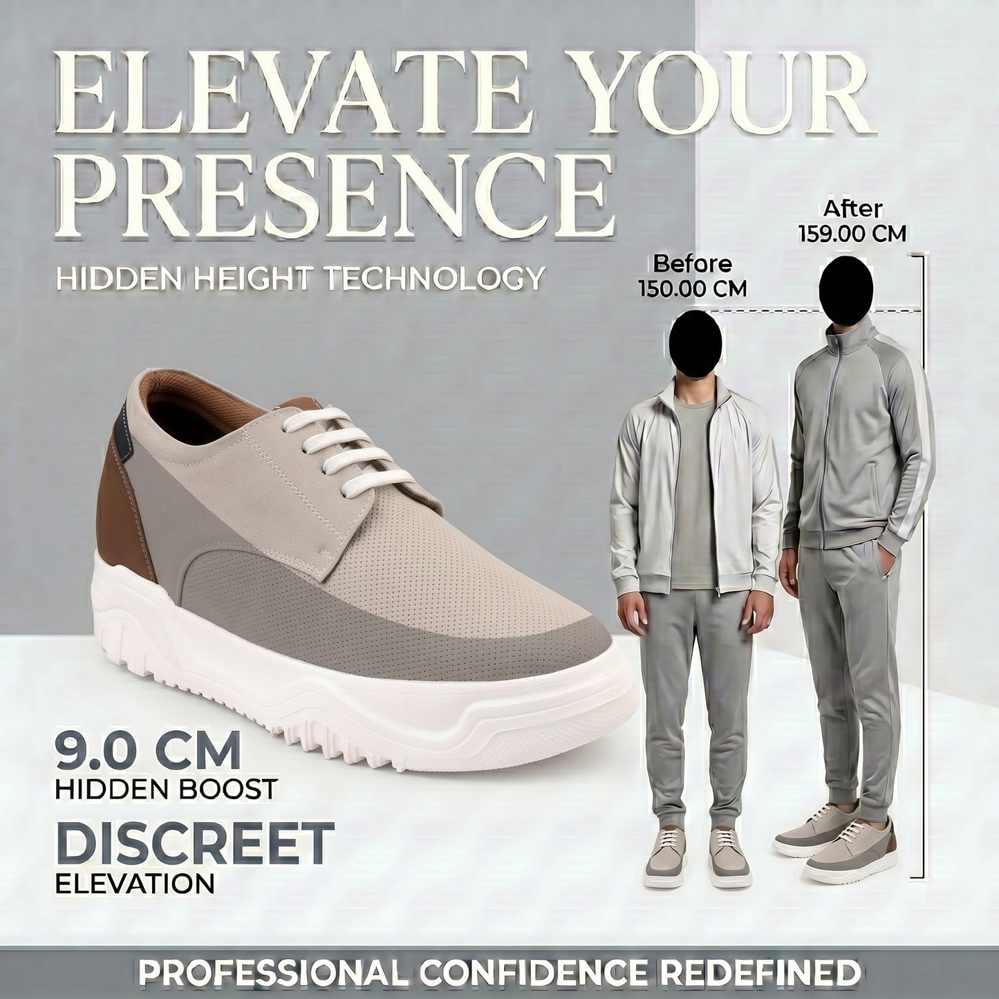 BXXY Premium Height Boost Sneakers for Men Invisible 9 CM Elevator Shoes