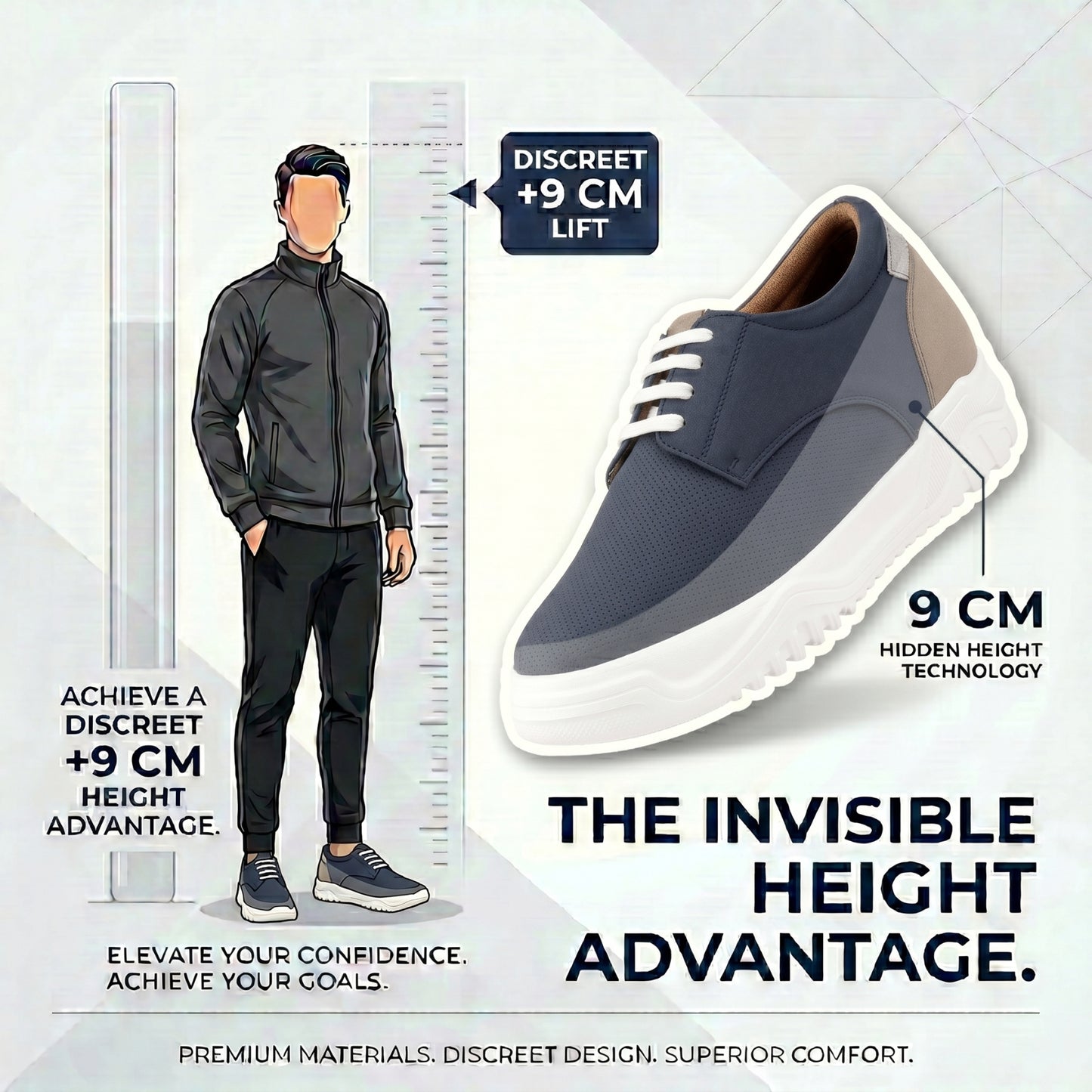 BXXY Premium Height Boost Sneakers for Men Invisible 9 CM Elevator Shoes