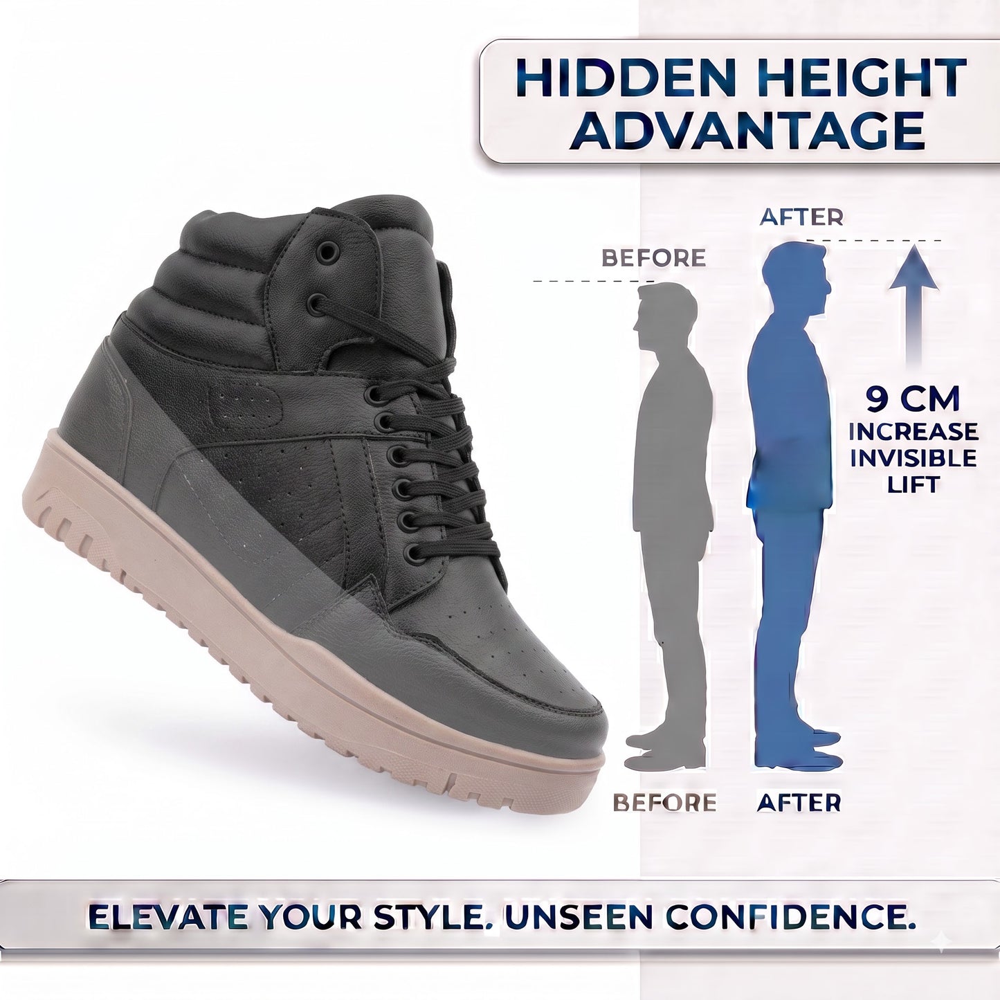 BXXY Mens 9 CM Hidden Height Increasing High Top Sneakers