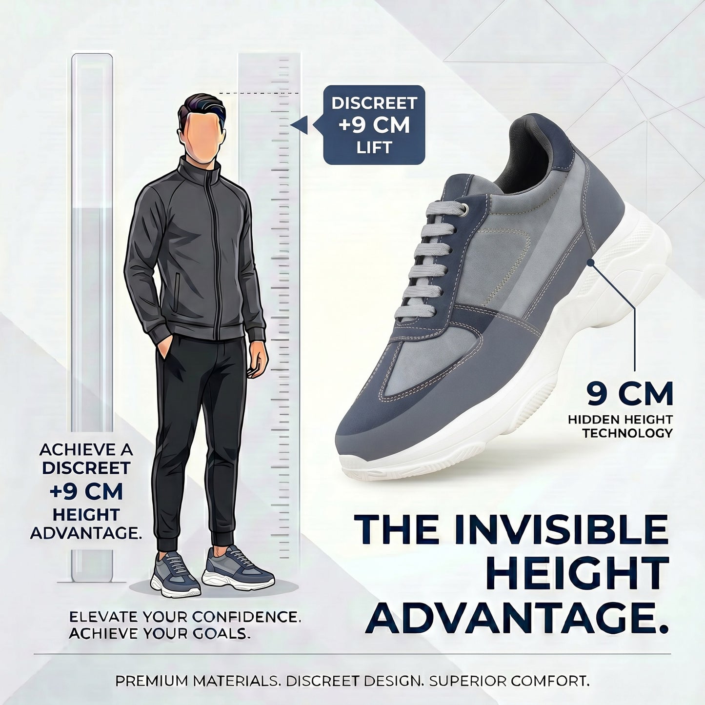 Premium Hidden Height Shoes for Men 9 CM Elevator Casual Sneakers