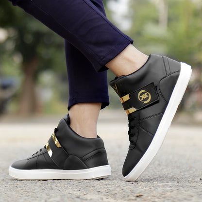 Men/s Faux Leather Casual Sneakers With Lace And Strap Boots