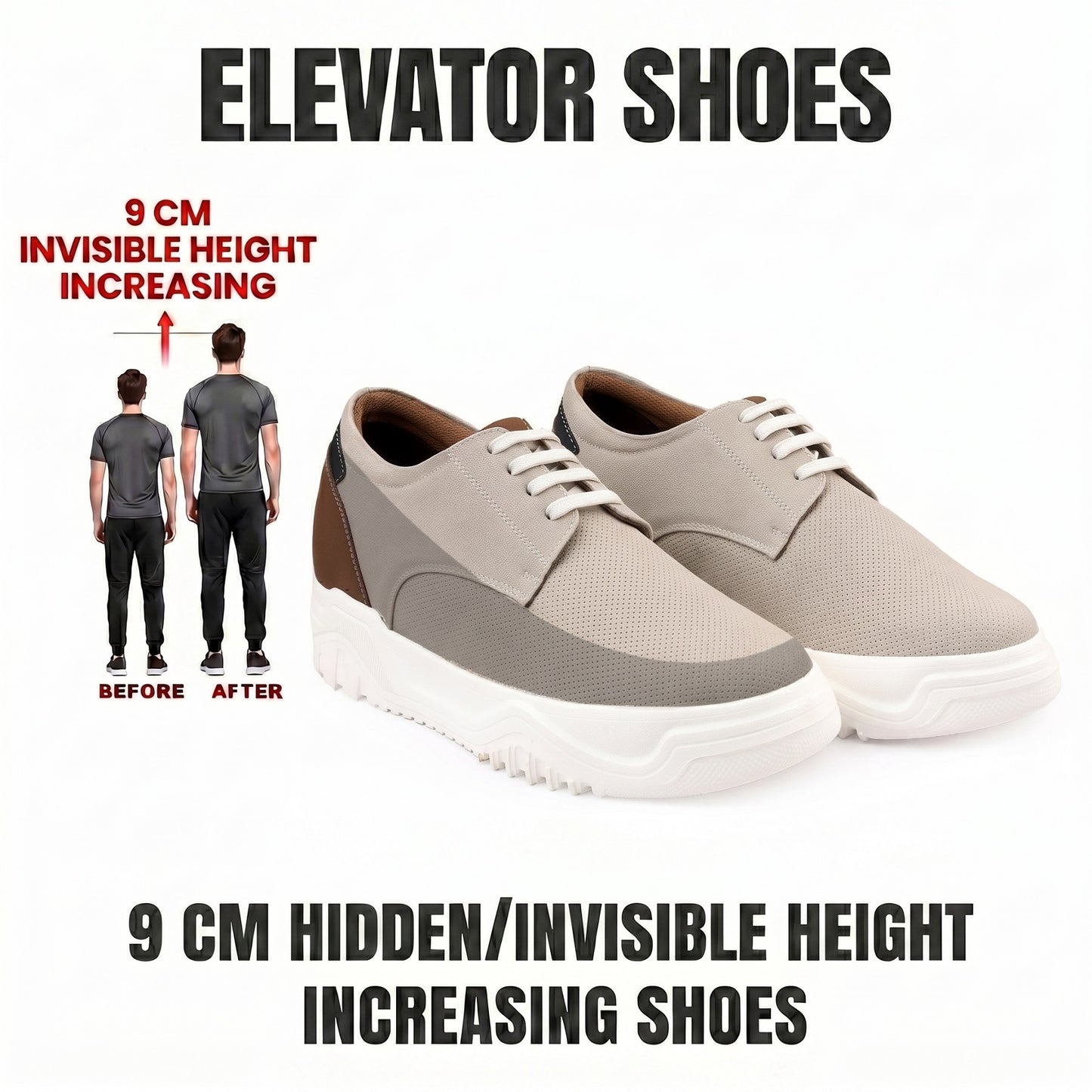 BXXY Premium Height Boost Sneakers for Men Invisible 9 CM Elevator Shoes
