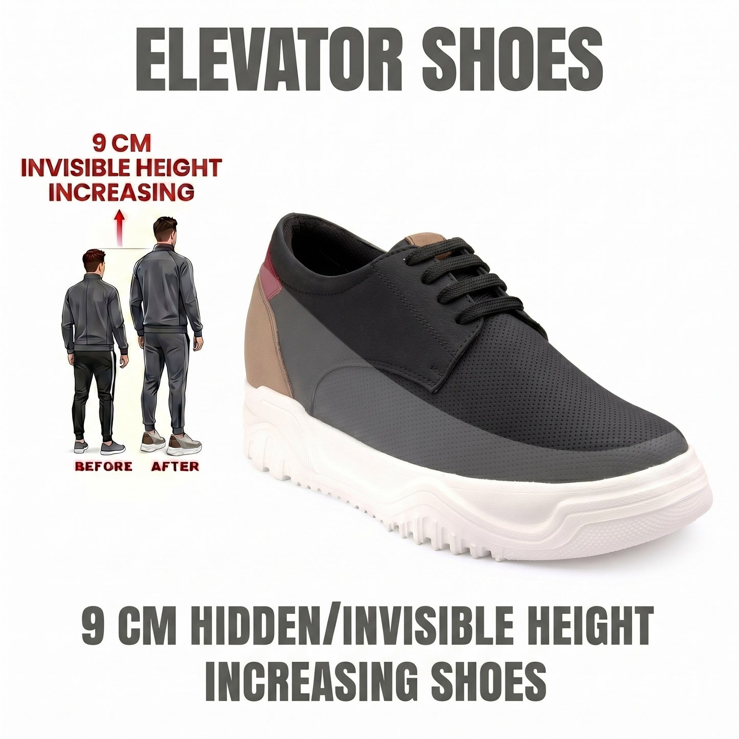 BXXY Premium Height Boost Sneakers for Men Invisible 9 CM Elevator Shoes