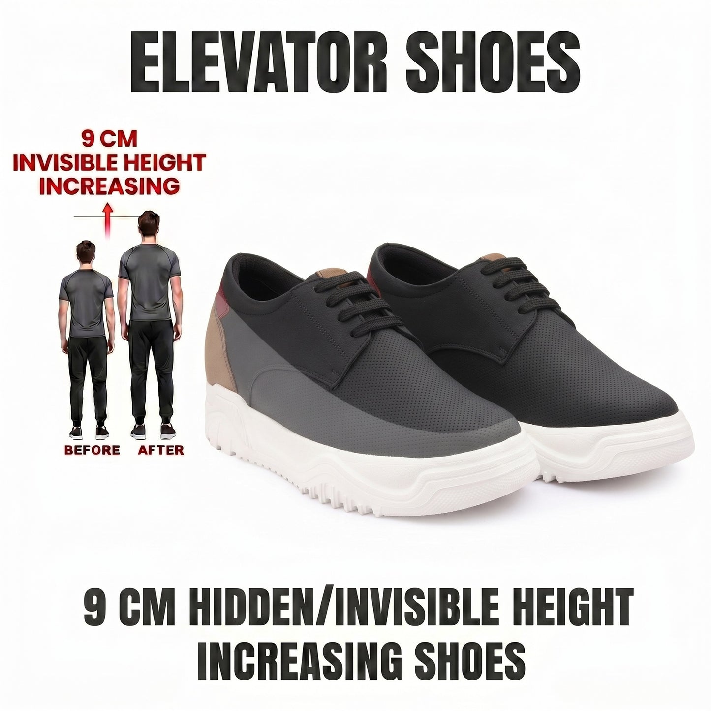 BXXY Premium Height Boost Sneakers for Men Invisible 9 CM Elevator Shoes
