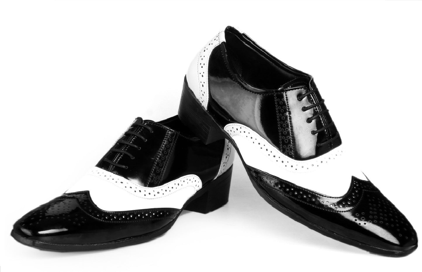 Men's Height Incre1asing Black and White Faux Height Increasing Mafia Oxford Brouge Lace-Up Shoes