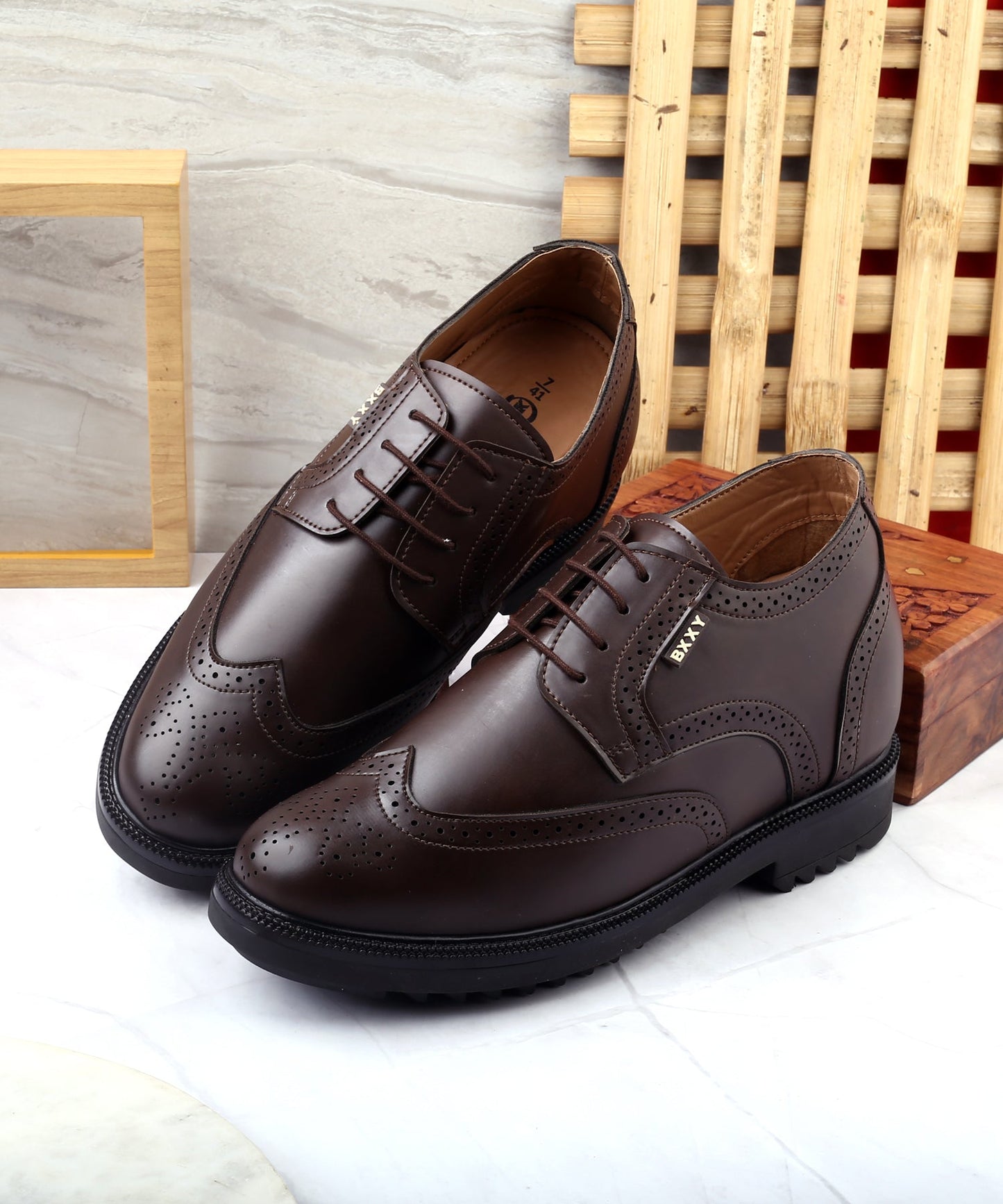Men's 3.5 Inch Hidden Height Increasing Faux Leather Material Brown Formal Lace-up Brogue Shoes
