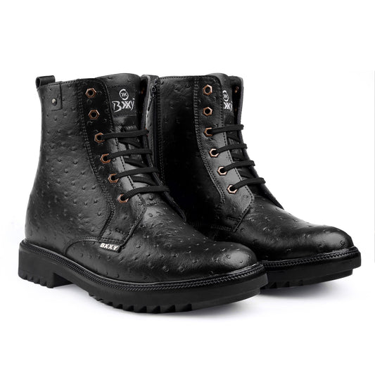 Bxxy's 4 inches Hidden Height Increasing Vegan Leather Lace-up Biker Boots