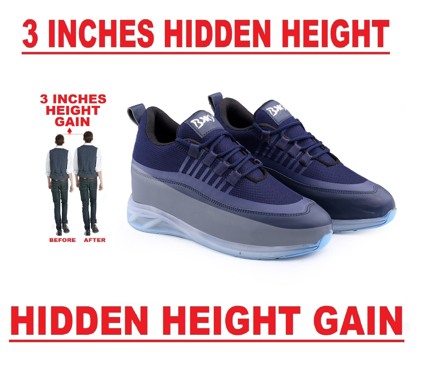 BXXY Men's 3 Inch Hidden Height Increasing Casual Sports Lace-Up Shoes with Airmix Sole.