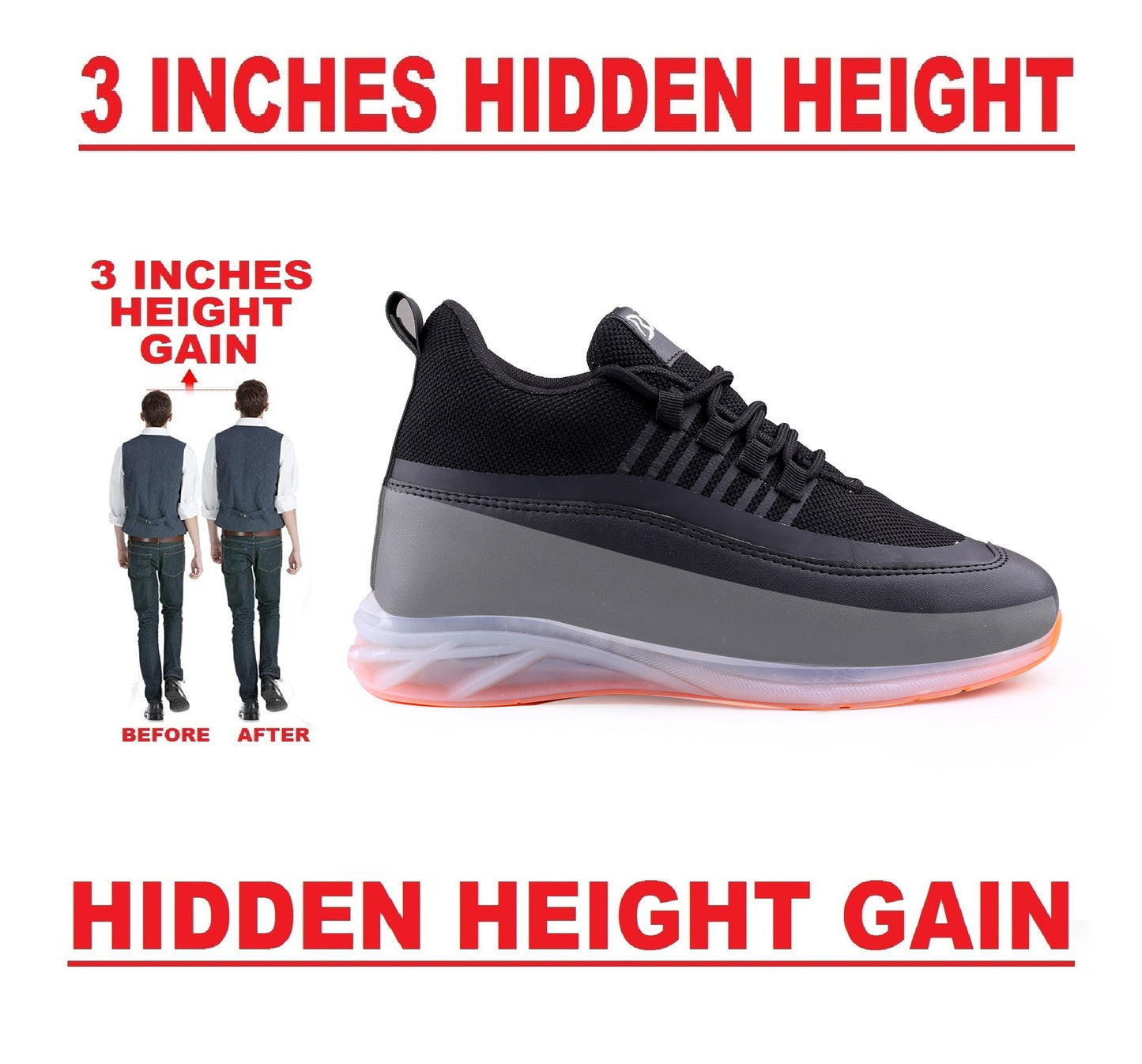 BXXY Men's 3 Inch Hidden Height Increasing Casual Sports Lace-Up Shoes with Airmix Sole.