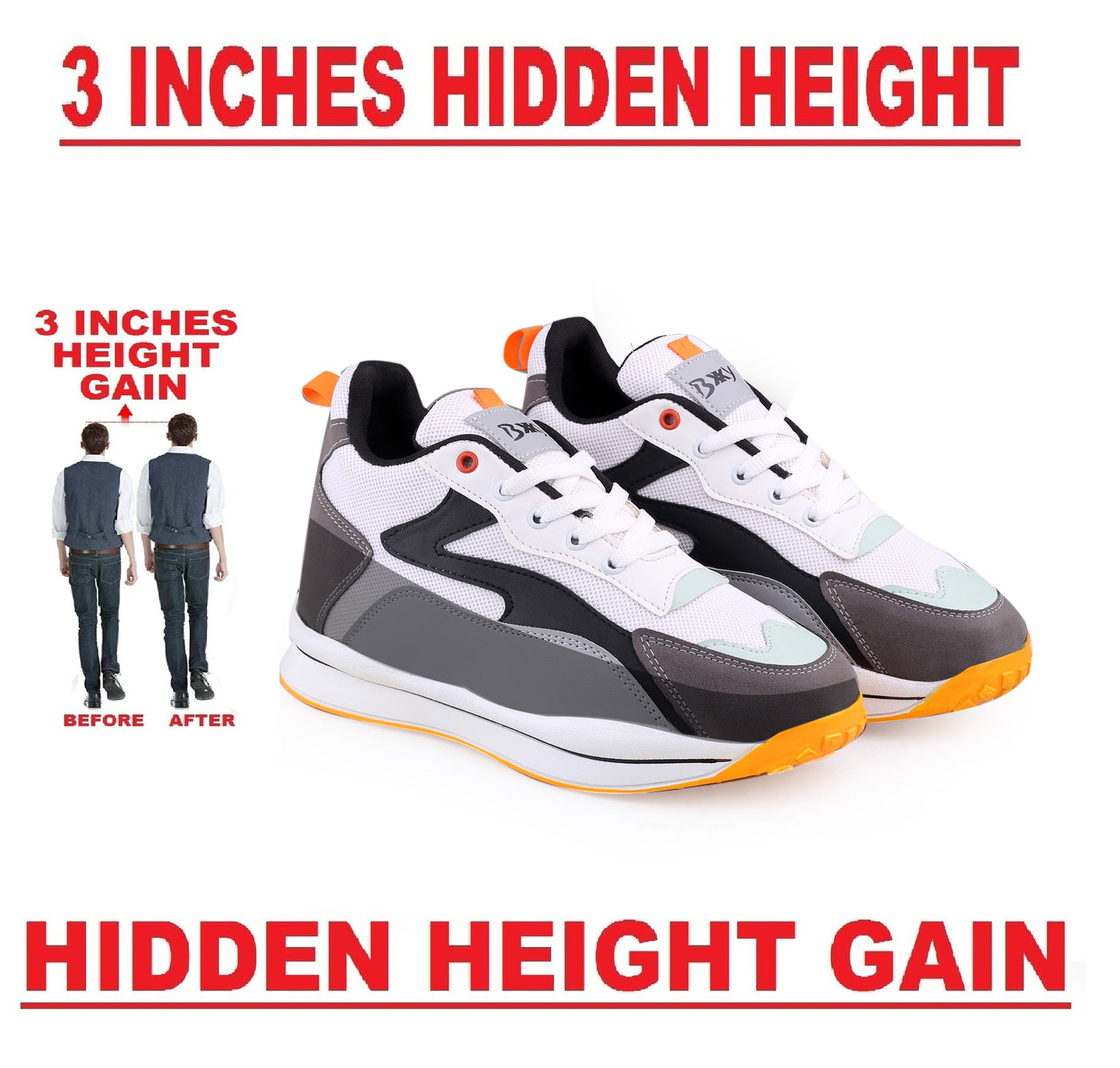Bxxy Men's Stylish 3 Inch Hidden Height Increasing Casual Sports Lace-Up Shoes.