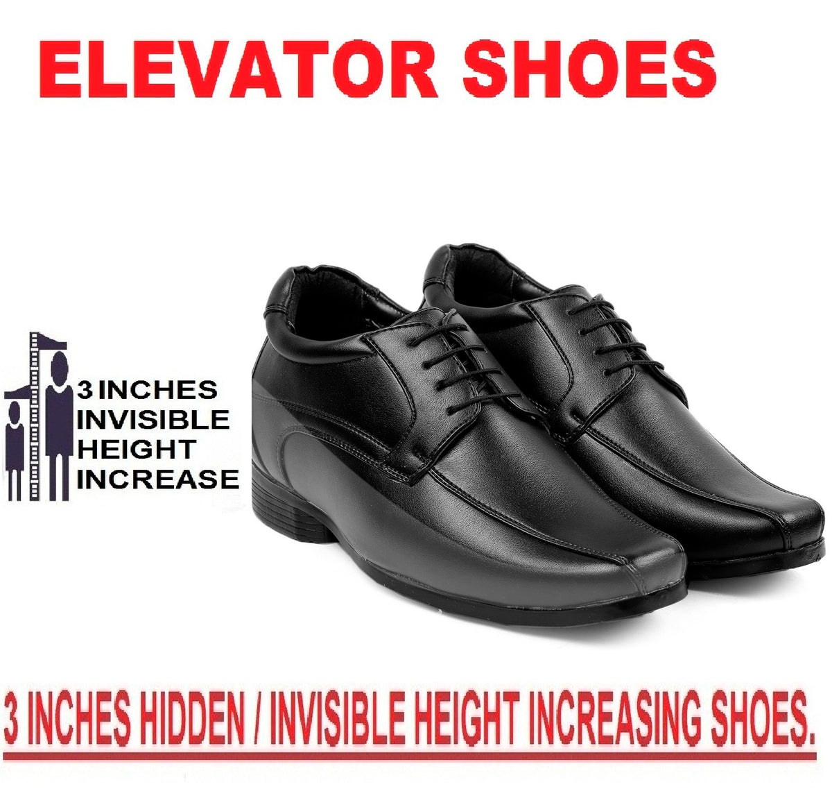 Mens 3 Inches Hidden Height Elevator Partywear Lace up Formal Shoes