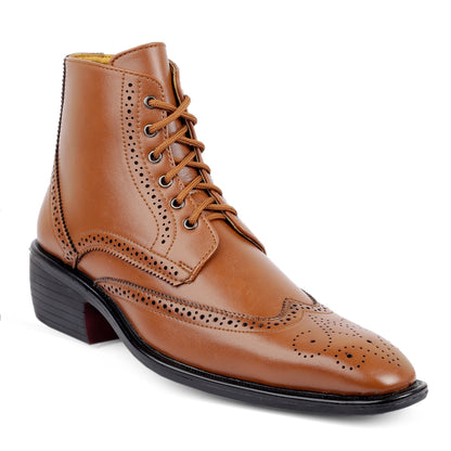 Bxxy's Men's Height Increasing Semi-Formal Cow Boy Ankle Zipper Lace-Up Brogue Boots