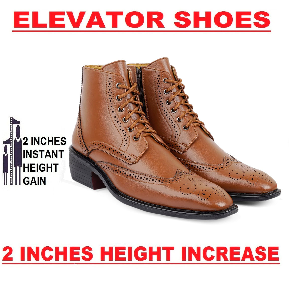 Bxxy's Men's Height Increasing Semi-Formal Cow Boy Ankle Zipper Lace-Up Brogue Boots