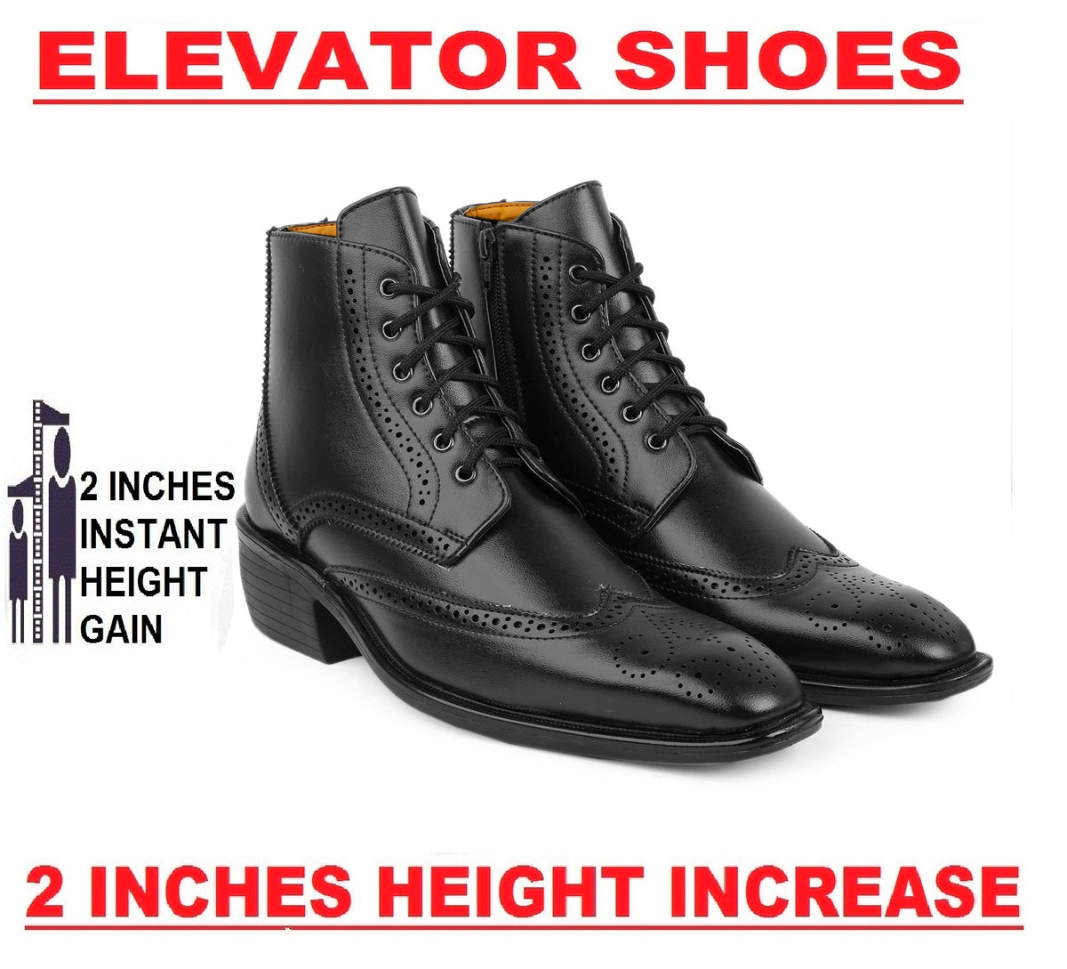 Bxxy's Men's Height Increasing Semi-Formal Cow Boy Ankle Zipper Lace-Up Brogue Boots