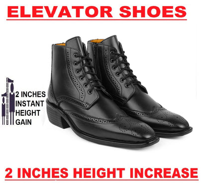 Bxxy's Men's Height Increasing Semi-Formal Cow Boy Ankle Zipper Lace-Up Brogue Boots