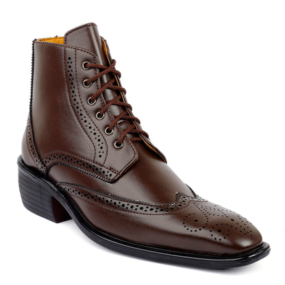 Bxxy's Men's Height Increasing Semi-Formal Cow Boy Ankle Zipper Lace-Up Brogue Boots
