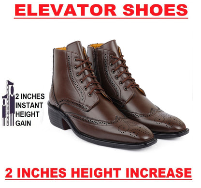 Bxxy's Men's Height Increasing Semi-Formal Cow Boy Ankle Zipper Lace-Up Brogue Boots