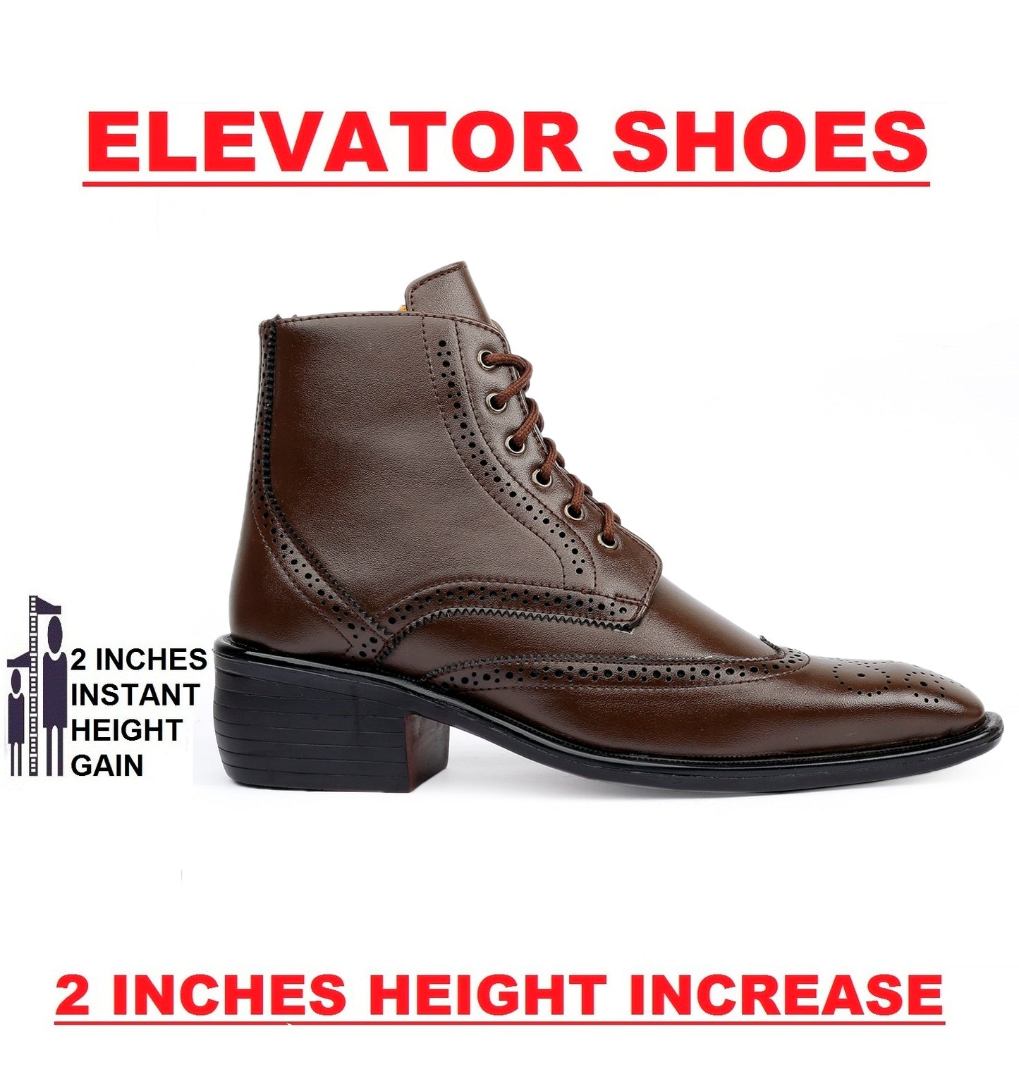 Bxxy's Men's Height Increasing Semi-Formal Cow Boy Ankle Zipper Lace-Up Brogue Boots