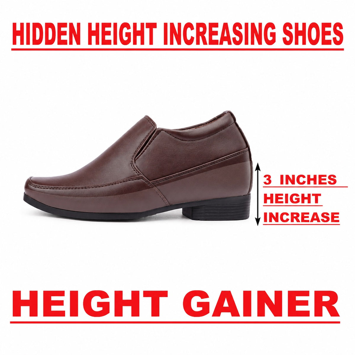 BXXY Mens 3 Inches Hidden Height Increasing Formal Wear Slipon Shoes
