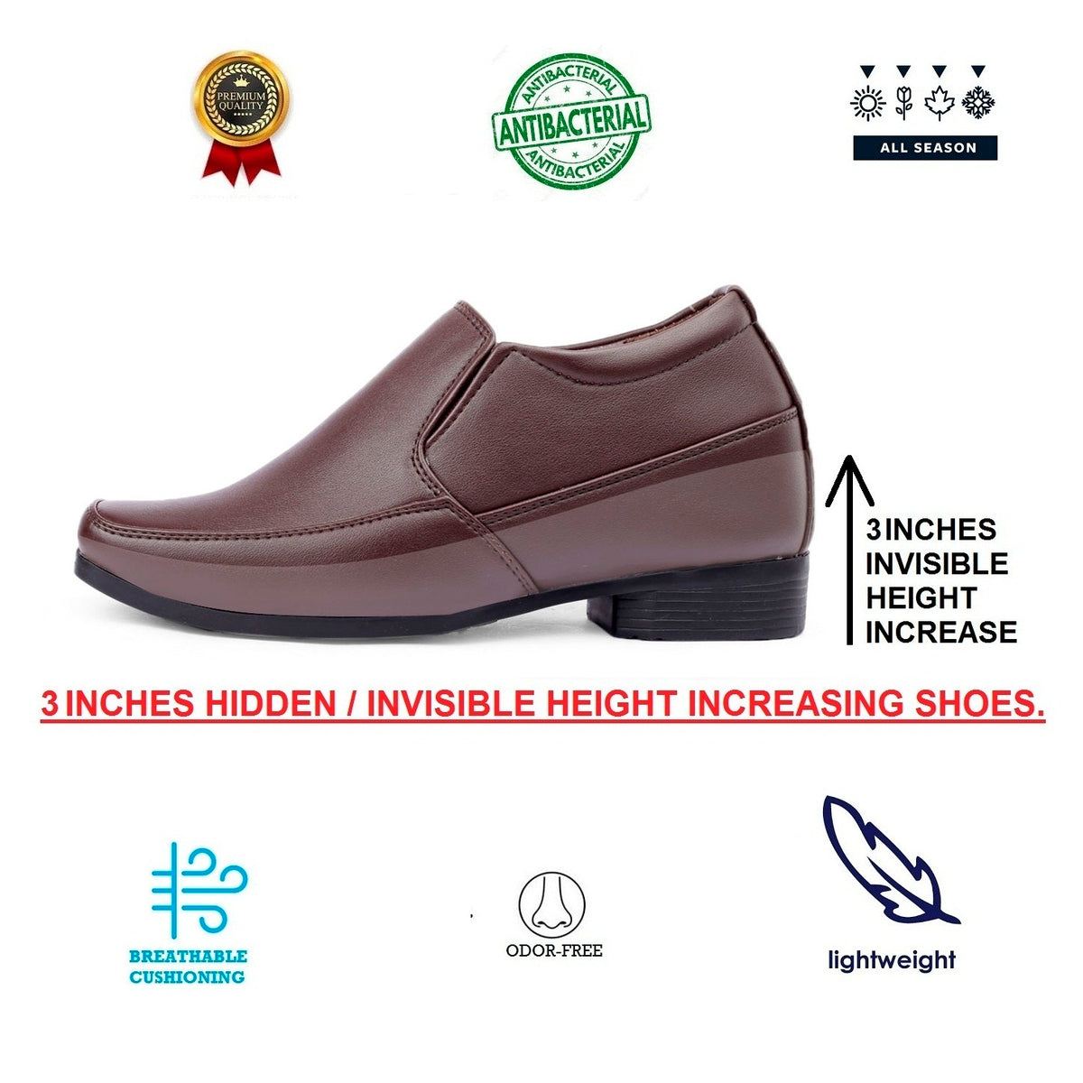 BXXY Mens 3 Inches Hidden Height Increasing Formal Wear Slipon Shoes