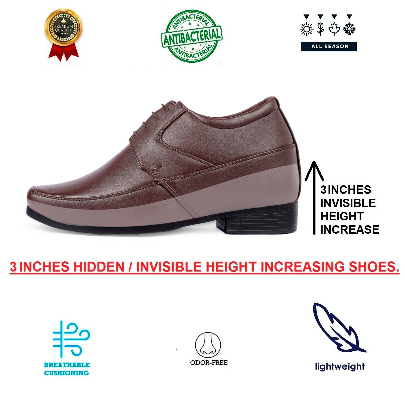 BXXY 9 cm (3.5 Inch) Hidden Height Increasing Dress and Derby Lace-Up Formal Faux Leather Shoes for Men