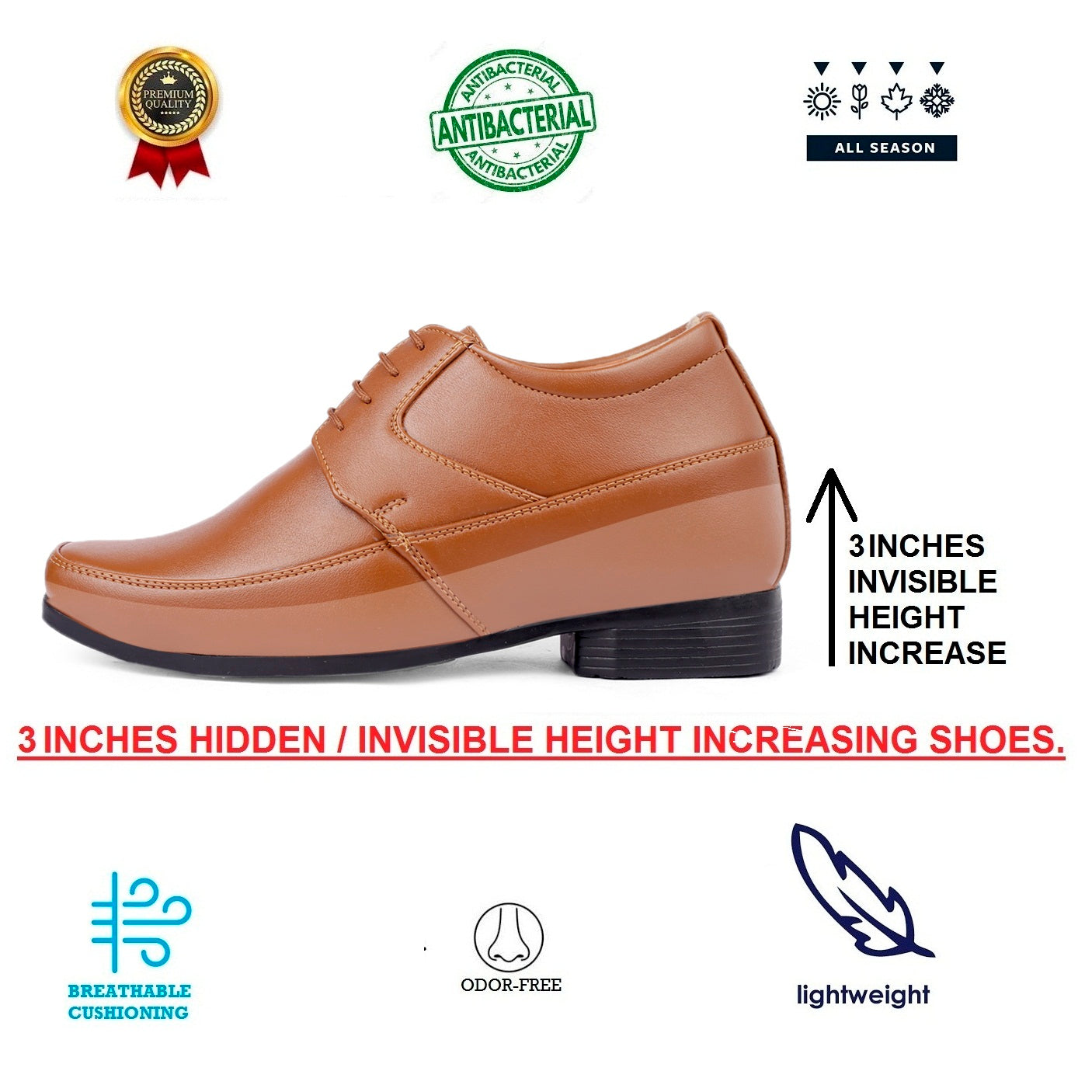 BXXY 9 cm (3.5 Inch) Hidden Height Increasing Dress and Derby Lace-Up Formal Faux Leather Shoes for Men
