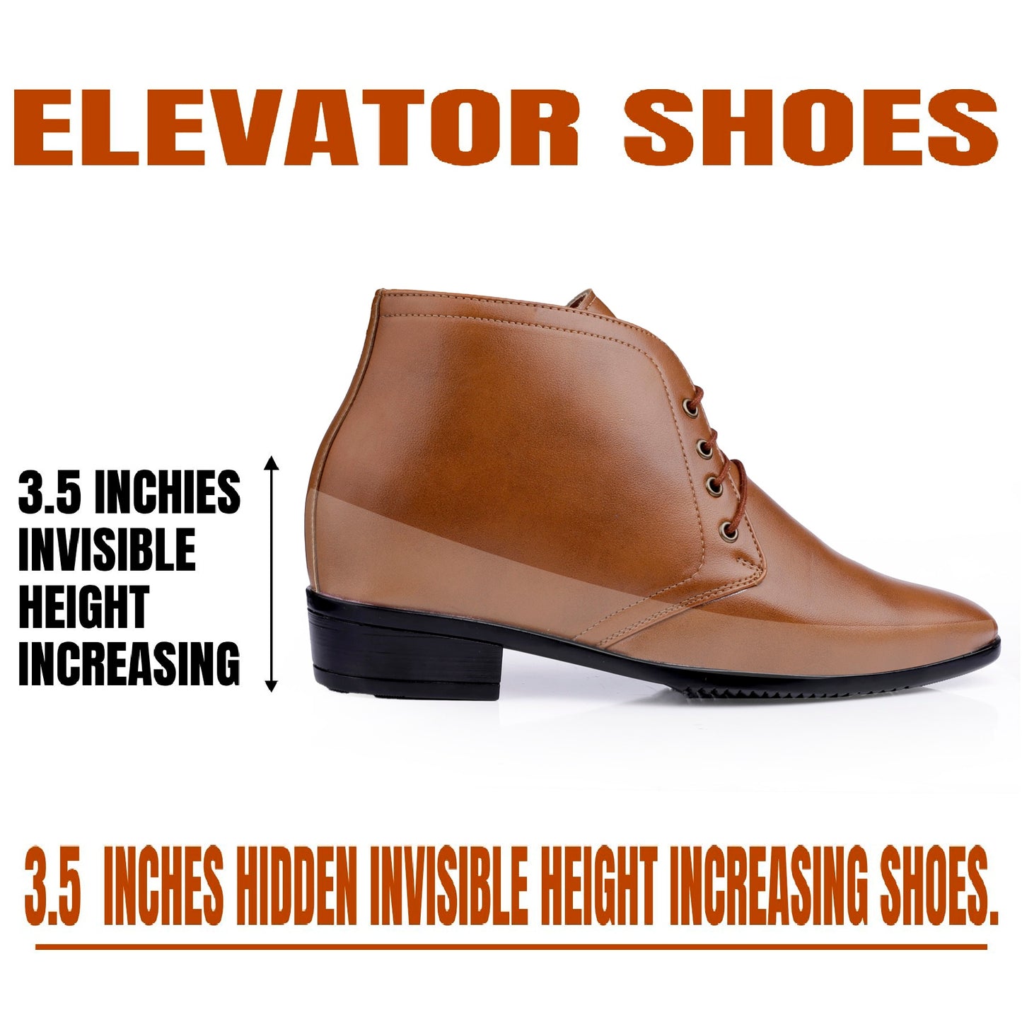 BXXY Men's 3.5 Inch Hidden Height Increasing Tan Formal Lace-up Boot With Faux Material Lace Up For Men
